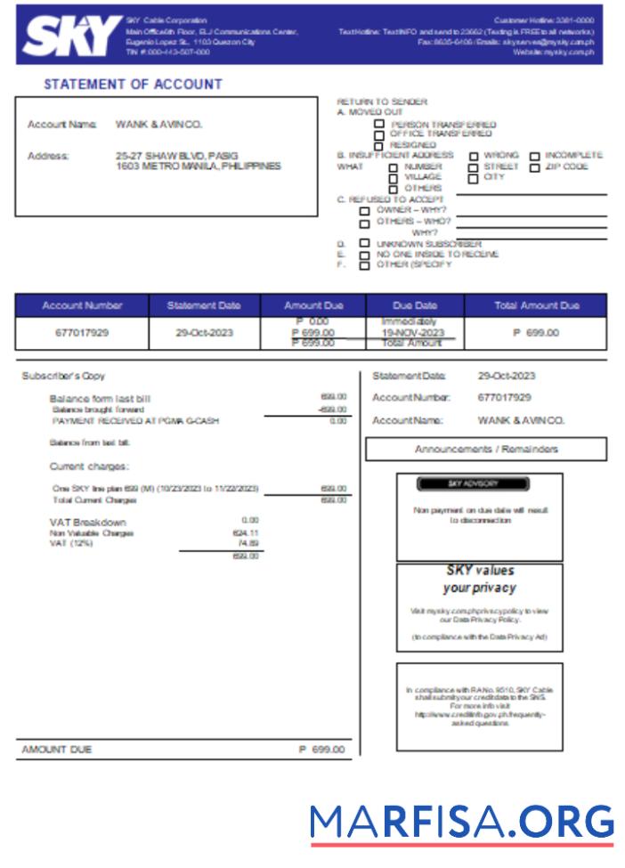 Downloadable Sky Cable Corporation utility business bill, SCR real example
